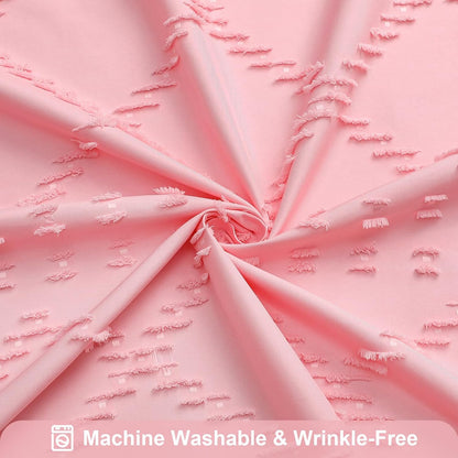 Pink Boho Woven Fabric Shower Curtain with Tassel 72 x 72, Tufted Textured