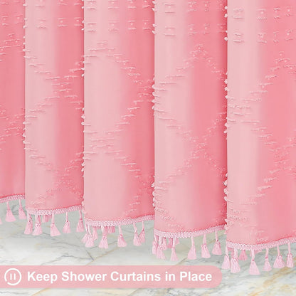 Pink Boho Woven Fabric Shower Curtain with Tassel 72 x 72, Tufted Textured