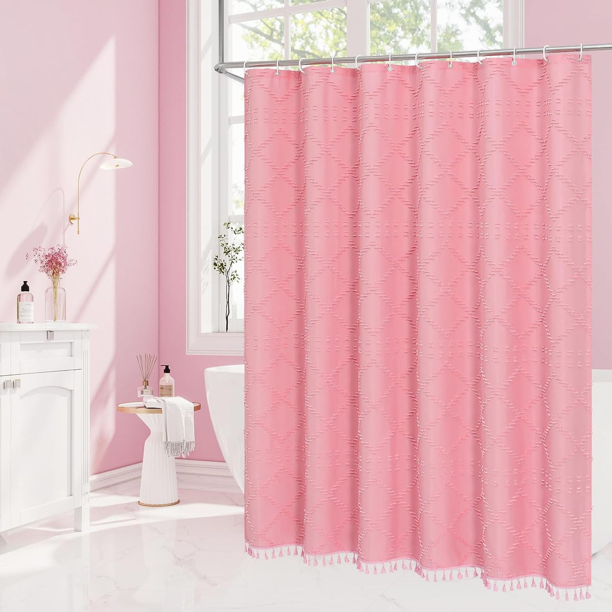 Pink Boho Woven Fabric Shower Curtain with Tassel 72 x 72, Tufted Textured