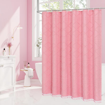 Pink Boho Woven Fabric Shower Curtain with Tassel 72 x 72, Tufted Textured