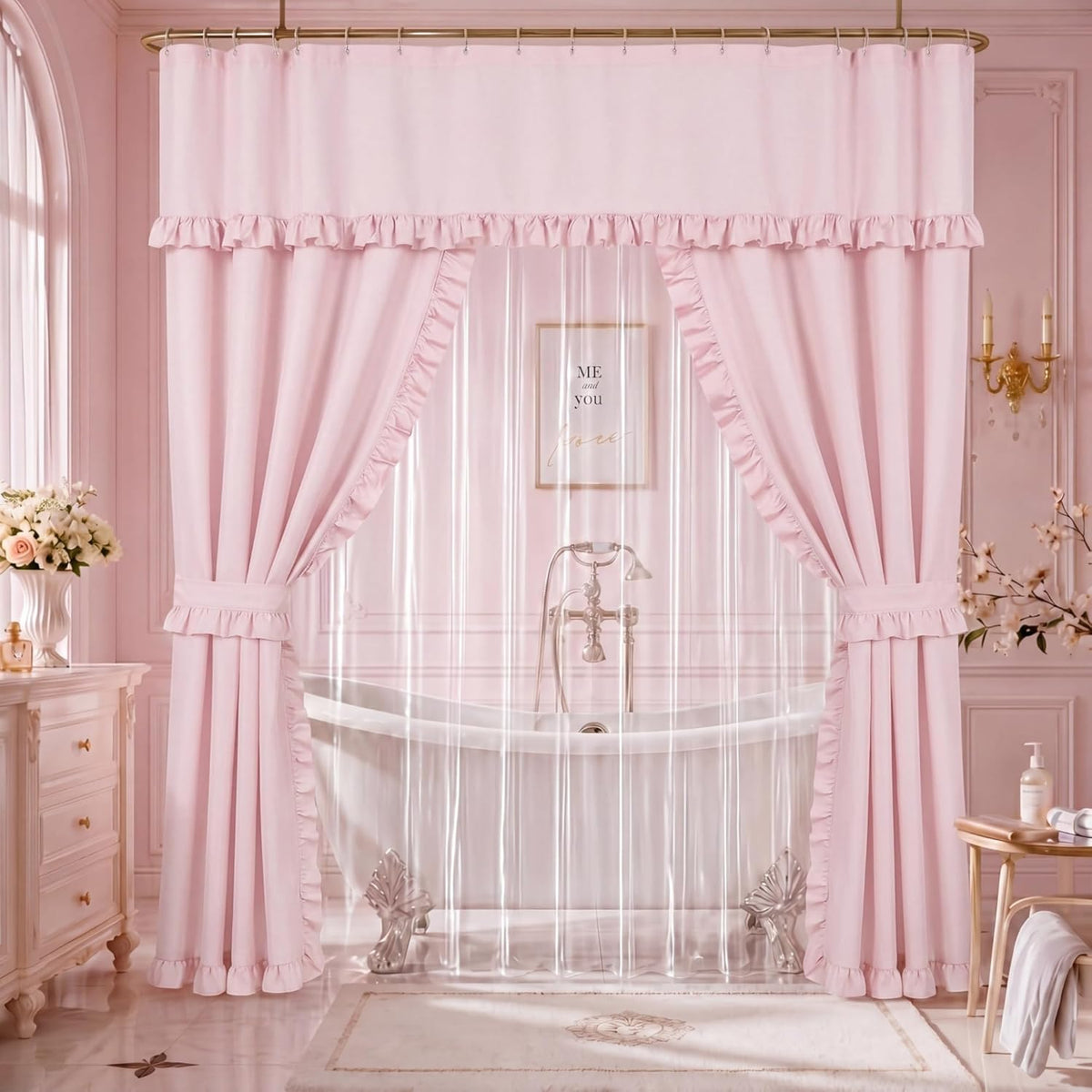 2 Pcs 70 x 72 Inch Double Swag Ruffled Shower Curtains Set with Waterproof Liner Peva Shower Curtain Boho Farmhouse Ruffled Swag Curtain with Rings Valance for Bathroom Home Decor(Pink)