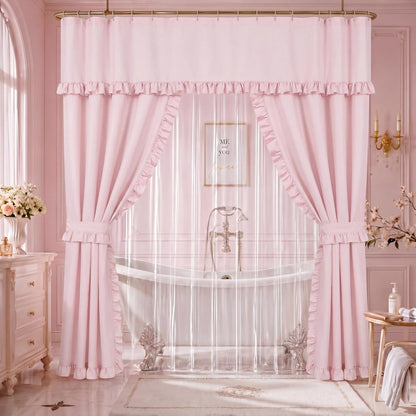 2 Pcs 70 x 72 Inch Double Swag Ruffled Shower Curtains Set with Waterproof Liner Peva Shower Curtain Boho Farmhouse Ruffled Swag Curtain with Rings Valance for Bathroom Home Decor(Pink)