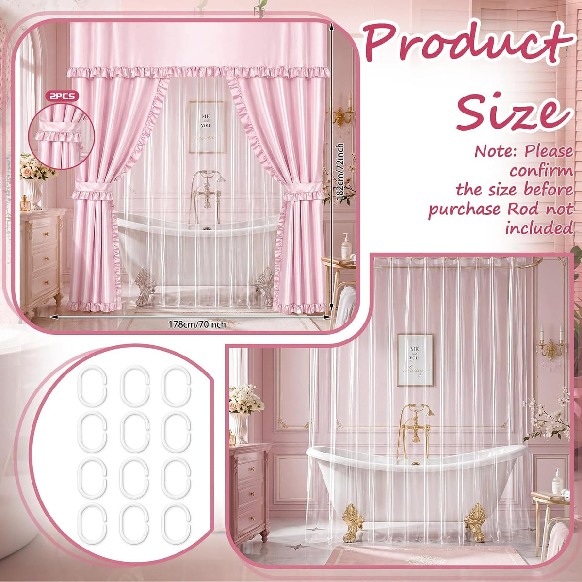 2 Pcs 70 x 72 Inch Double Swag Ruffled Shower Curtains Set with Waterproof Liner Peva Shower Curtain Boho Farmhouse Ruffled Swag Curtain with Rings Valance for Bathroom Home Decor(Pink)