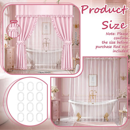 2 Pcs 70 x 72 Inch Double Swag Ruffled Shower Curtains Set with Waterproof Liner Peva Shower Curtain Boho Farmhouse Ruffled Swag Curtain with Rings Valance for Bathroom Home Decor(Pink)