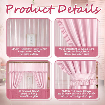 2 Pcs 70 x 72 Inch Double Swag Ruffled Shower Curtains Set with Waterproof Liner Peva Shower Curtain Boho Farmhouse Ruffled Swag Curtain with Rings Valance for Bathroom Home Decor(Pink)