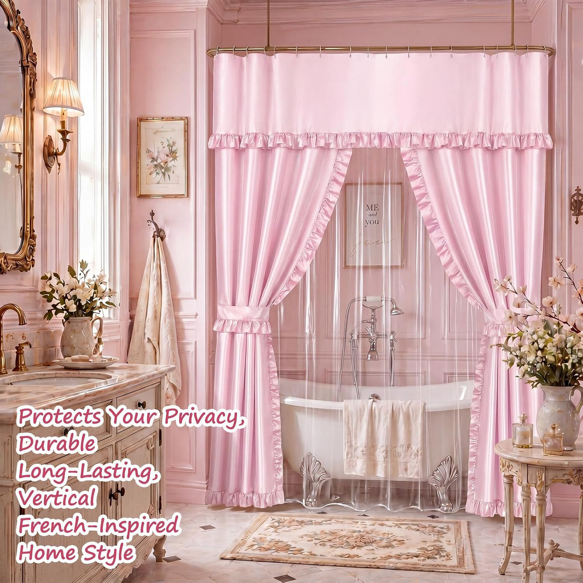 2 Pcs 70 x 72 Inch Double Swag Ruffled Shower Curtains Set with Waterproof Liner Peva Shower Curtain Boho Farmhouse Ruffled Swag Curtain with Rings Valance for Bathroom Home Decor(Pink)