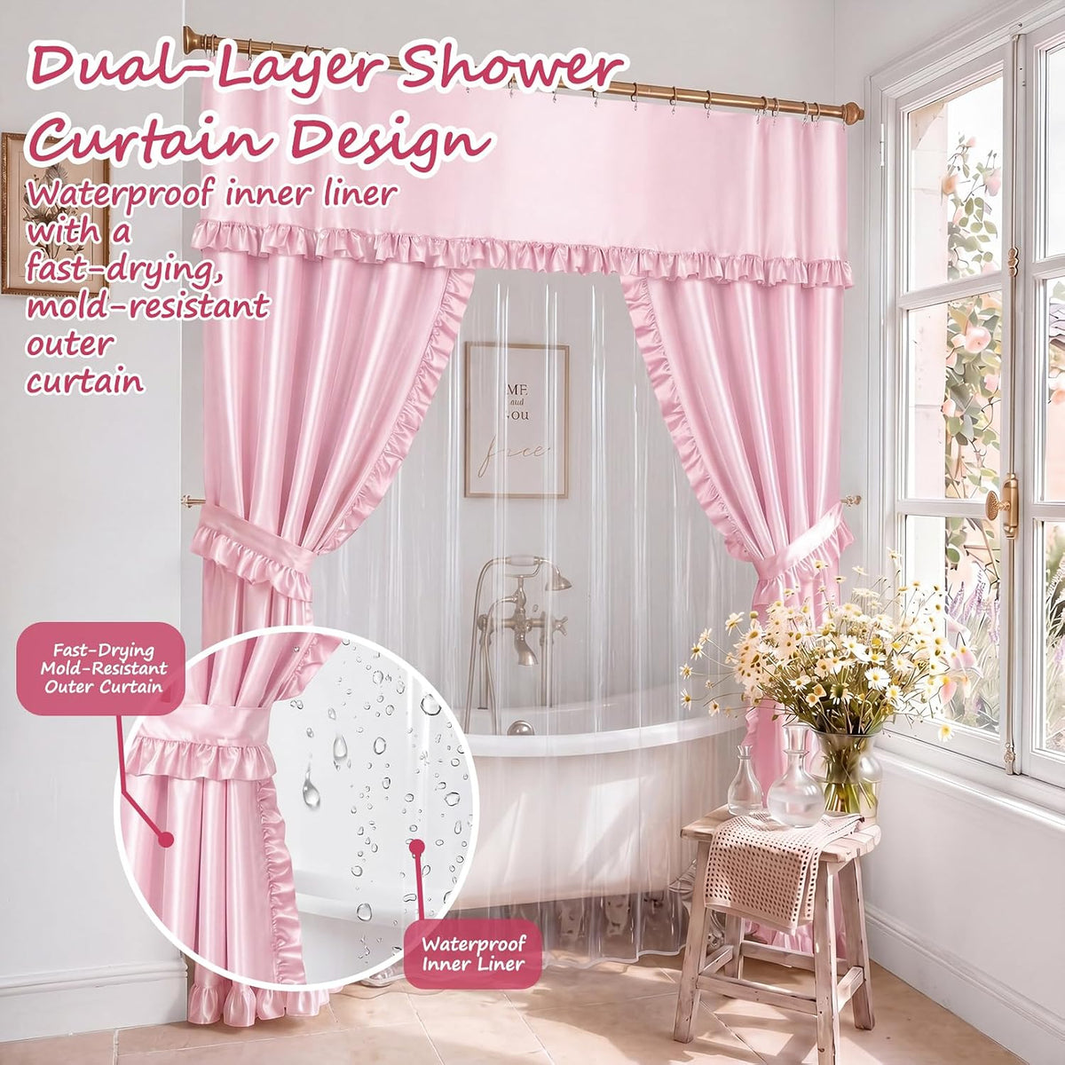 2 Pcs 70 x 72 Inch Double Swag Ruffled Shower Curtains Set with Waterproof Liner Peva Shower Curtain Boho Farmhouse Ruffled Swag Curtain with Rings Valance for Bathroom Home Decor(Pink)