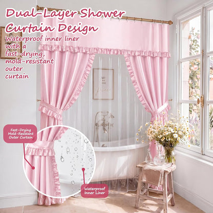 2 Pcs 70 x 72 Inch Double Swag Ruffled Shower Curtains Set with Waterproof Liner Peva Shower Curtain Boho Farmhouse Ruffled Swag Curtain with Rings Valance for Bathroom Home Decor(Pink)
