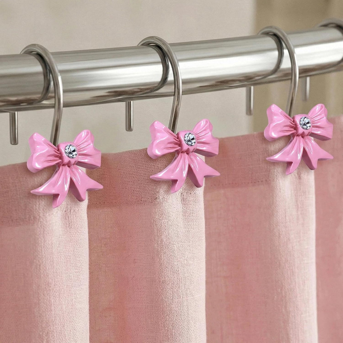 Pink Bow Shower Curtain Hooks: Decorative Bathroom Curtain Rings, 12Pcs