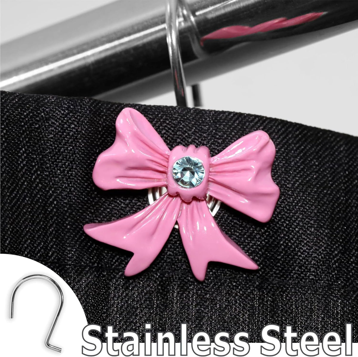 Pink Bow Shower Curtain Hooks: Decorative Bathroom Curtain Rings, 12Pcs