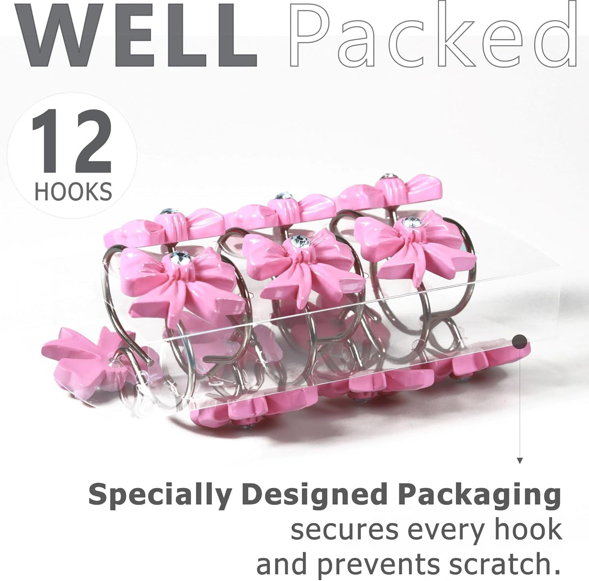 Pink Bow Shower Curtain Hooks: Decorative Bathroom Curtain Rings, 12Pcs