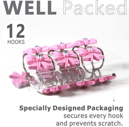Pink Bow Shower Curtain Hooks: Decorative Bathroom Curtain Rings, 12Pcs