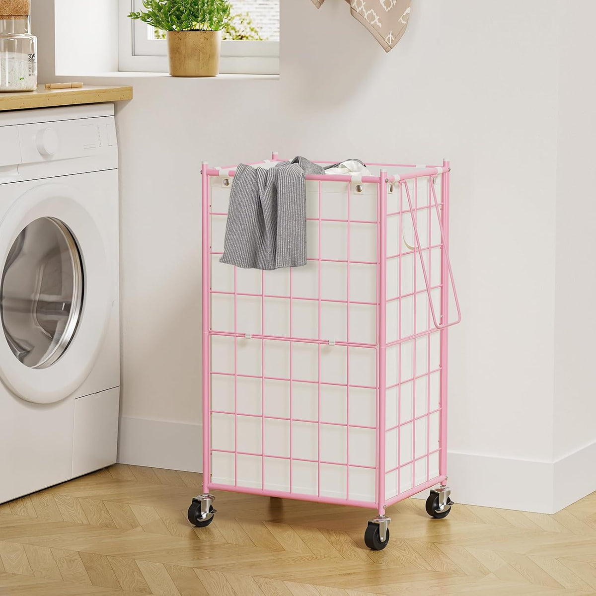 Rolling Laundry Basket, Metal Wire Frame Laundry Hamper with Wheels