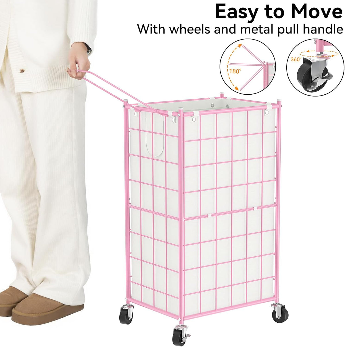 Rolling Laundry Basket, Metal Wire Frame Laundry Hamper with Wheels