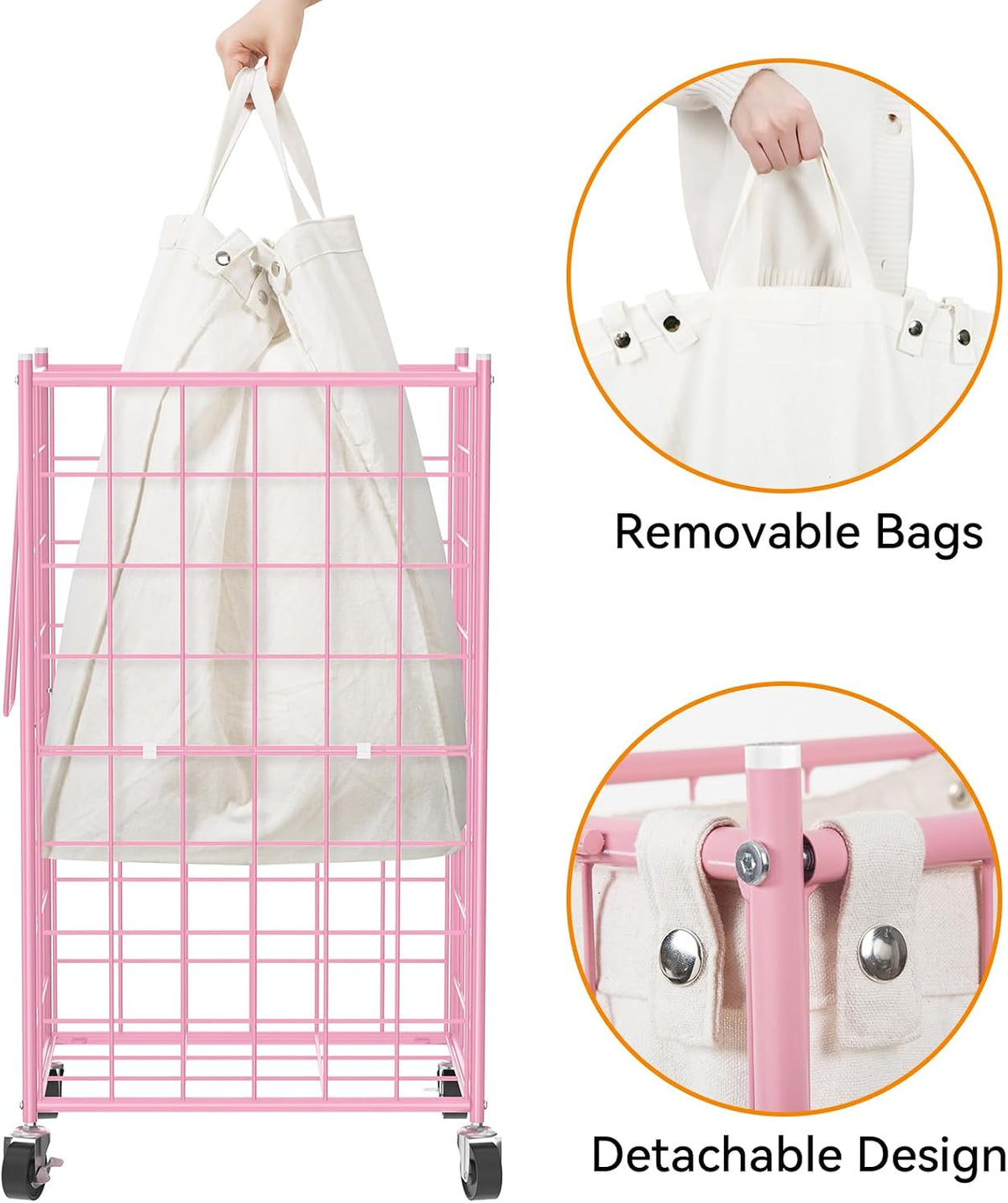 Rolling Laundry Basket, Metal Wire Frame Laundry Hamper with Wheels