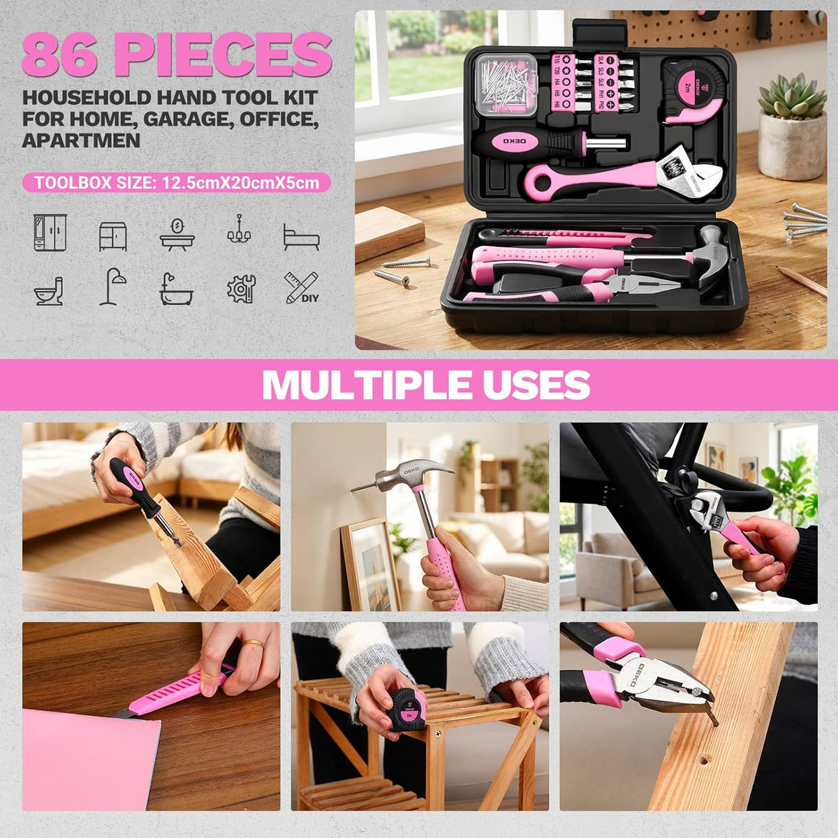 86PCS Pink Tool Set Household DIY Tool Kit for Women with Storage Toolbox, Small Compact Hand Tool Box Set for Home Use, DIY, Apartment, Office & Home Repair