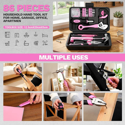86PCS Pink Tool Set Household DIY Tool Kit for Women with Storage Toolbox, Small Compact Hand Tool Box Set for Home Use, DIY, Apartment, Office & Home Repair