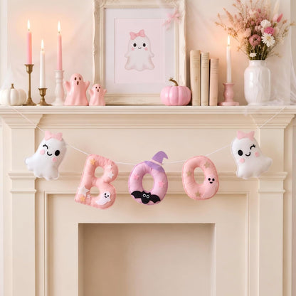 6.5ft Felt Halloween Garland for Mantle Pink Halloween Boo Banner