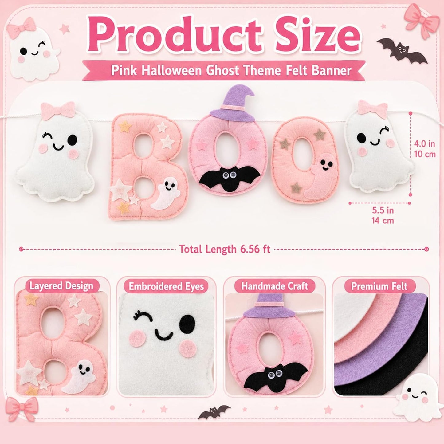 6.5ft Felt Halloween Garland for Mantle Pink Halloween Boo Banner
