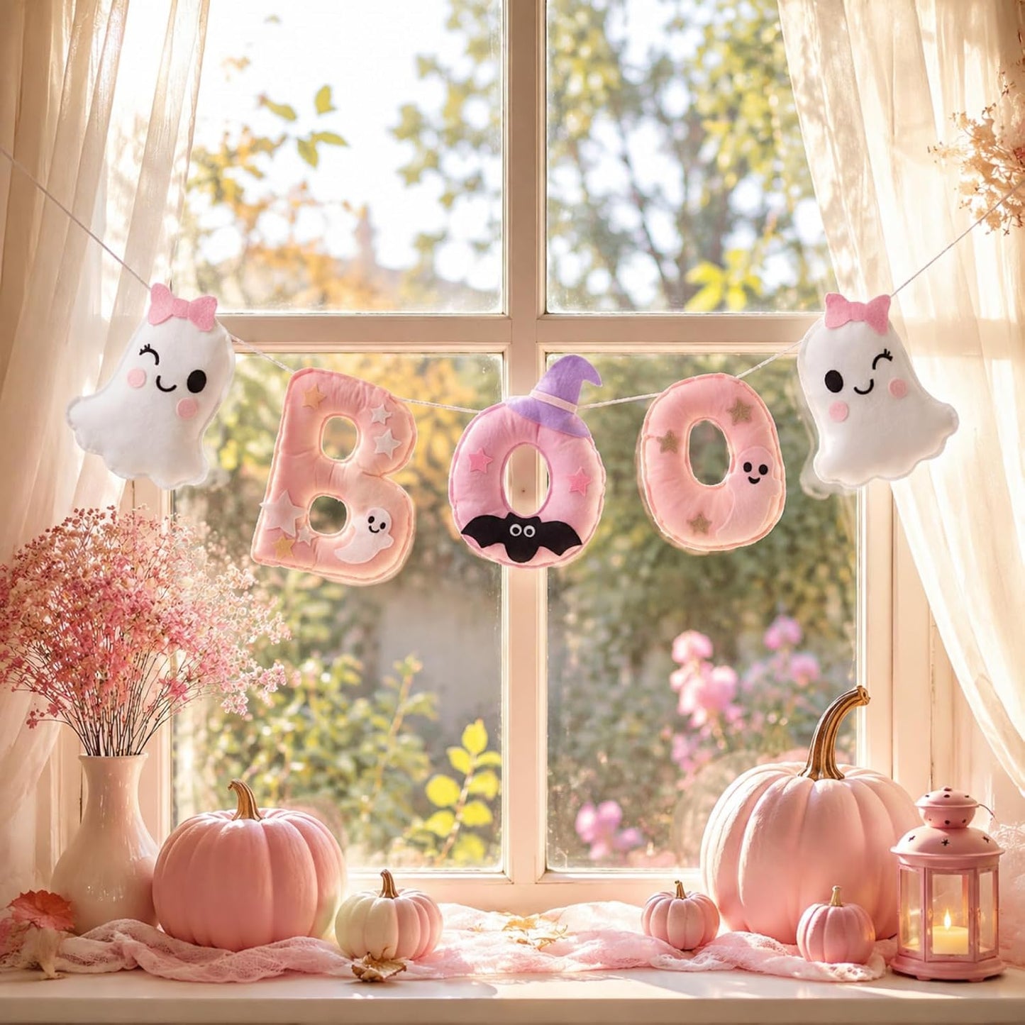 6.5ft Felt Halloween Garland for Mantle Pink Halloween Boo Banner