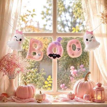 6.5ft Felt Halloween Garland for Mantle Pink Halloween Boo Banner