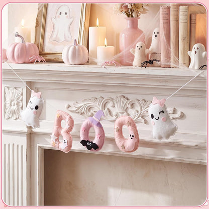 6.5ft Felt Halloween Garland for Mantle Pink Halloween Boo Banner