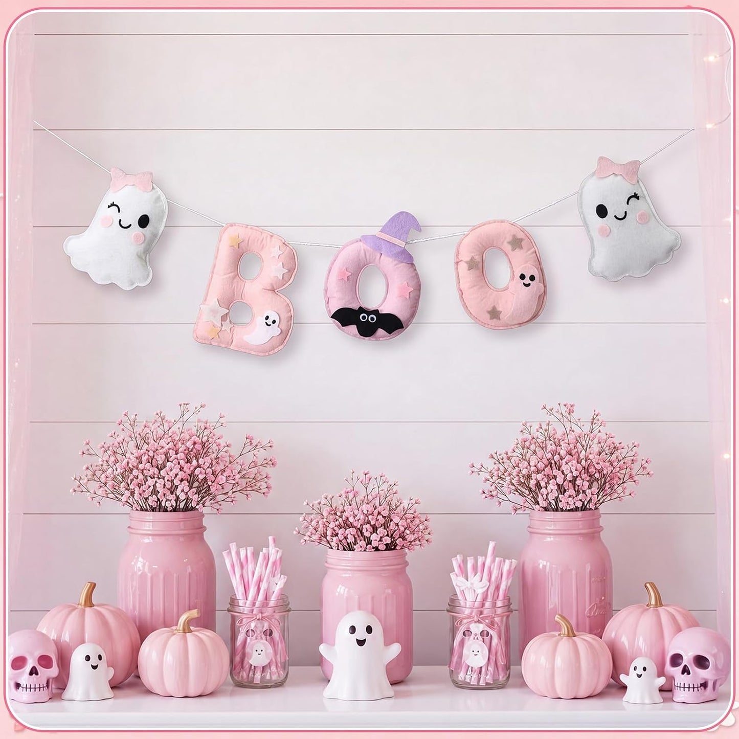 6.5ft Felt Halloween Garland for Mantle Pink Halloween Boo Banner