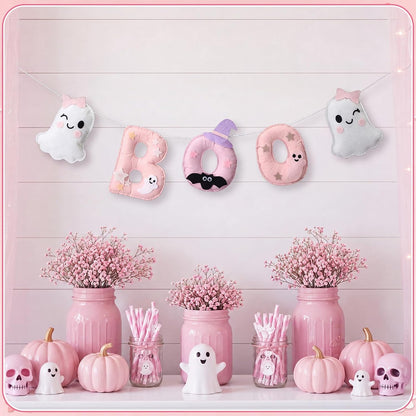 6.5ft Felt Halloween Garland for Mantle Pink Halloween Boo Banner