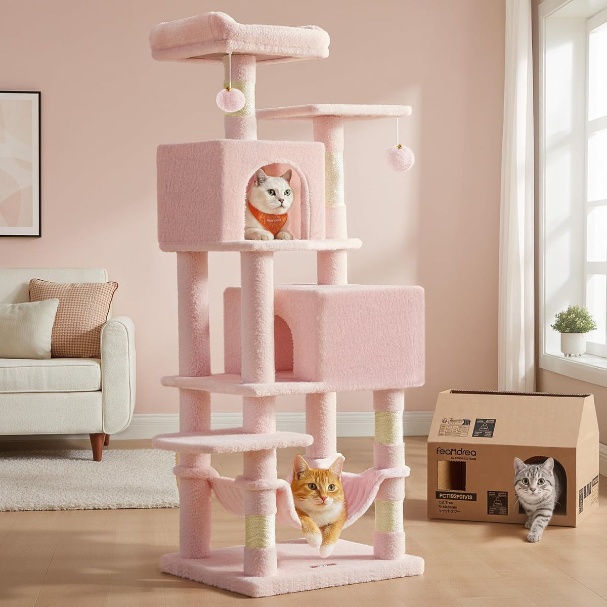 Feandrea Cat Tree, 59.5-Inch Tall Cat Tower, Multi-Level Condo, Jelly Pink