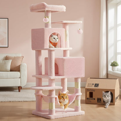 Feandrea Cat Tree, 59.5-Inch Tall Cat Tower, Multi-Level Condo, Jelly Pink