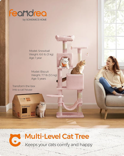 Feandrea Cat Tree, 59.5-Inch Tall Cat Tower, Multi-Level Condo, Jelly Pink