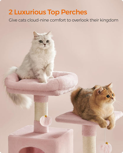 Feandrea Cat Tree, 59.5-Inch Tall Cat Tower, Multi-Level Condo, Jelly Pink