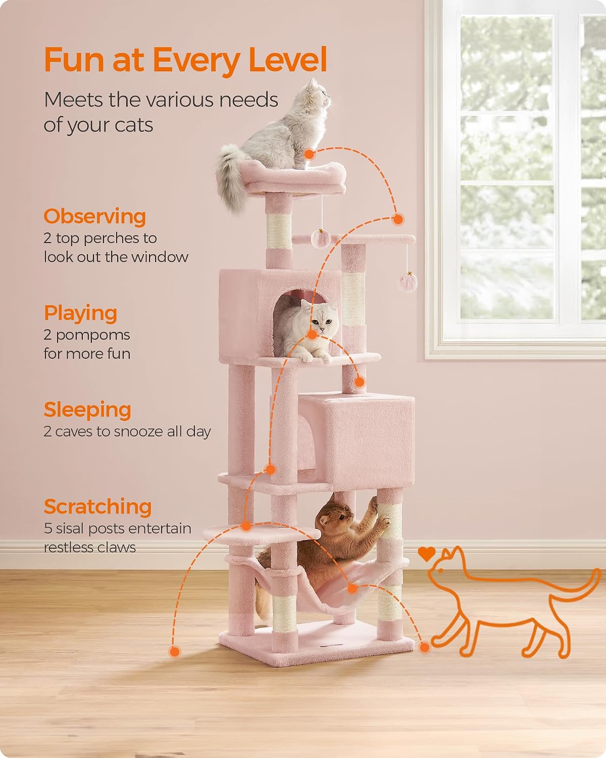 Feandrea Cat Tree, 59.5-Inch Tall Cat Tower, Multi-Level Condo, Jelly Pink
