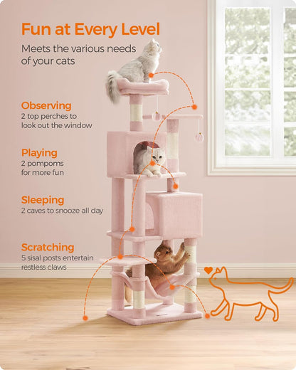 Feandrea Cat Tree, 59.5-Inch Tall Cat Tower, Multi-Level Condo, Jelly Pink