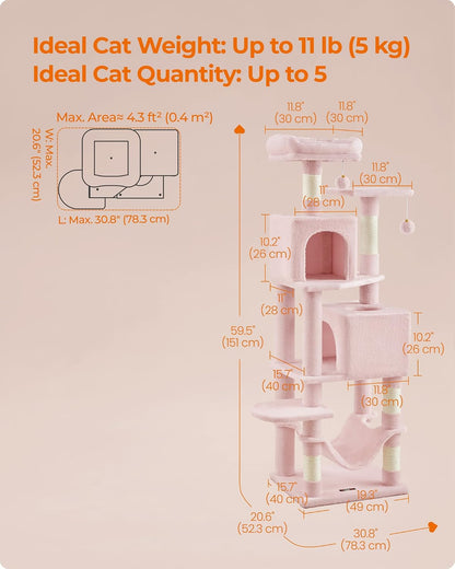 Feandrea Cat Tree, 59.5-Inch Tall Cat Tower, Multi-Level Condo, Jelly Pink