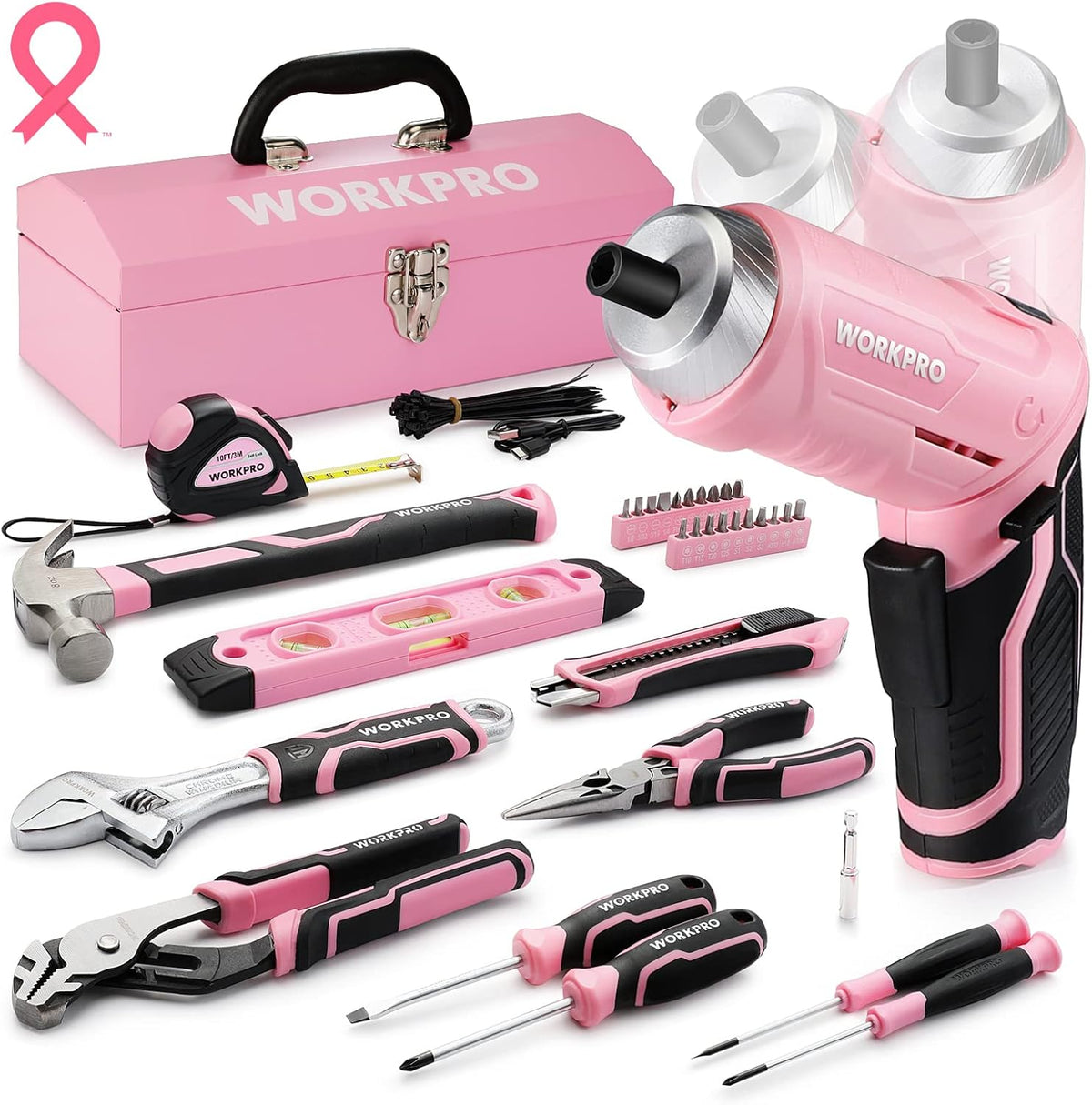 75-Piece Pink Tool Set, 3.7V Cordless Screwdriver Kit