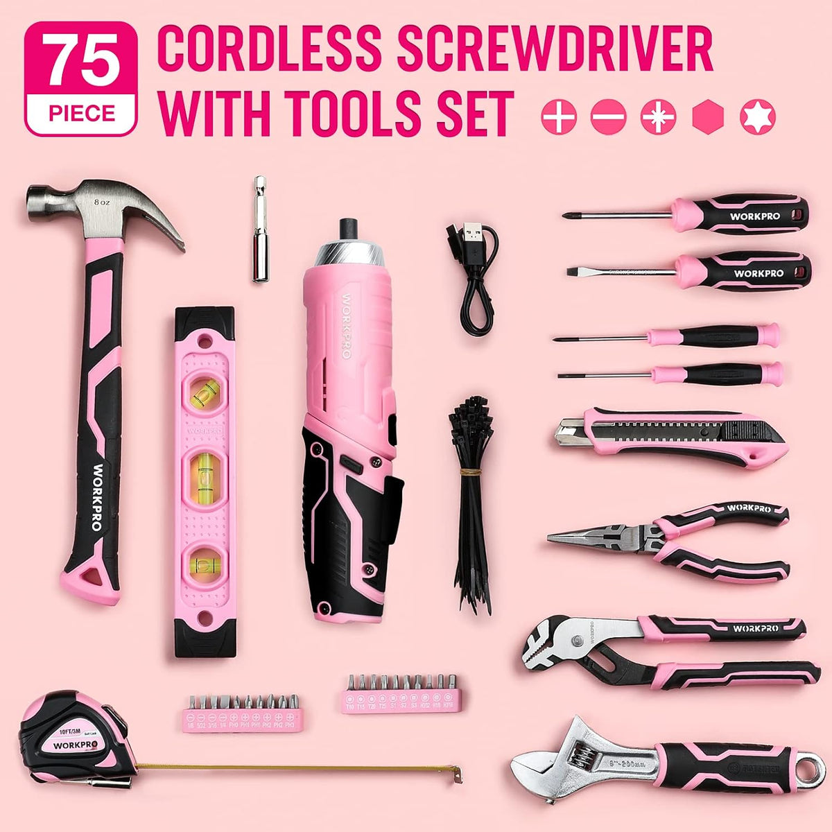75-Piece Pink Tool Set, 3.7V Cordless Screwdriver Kit