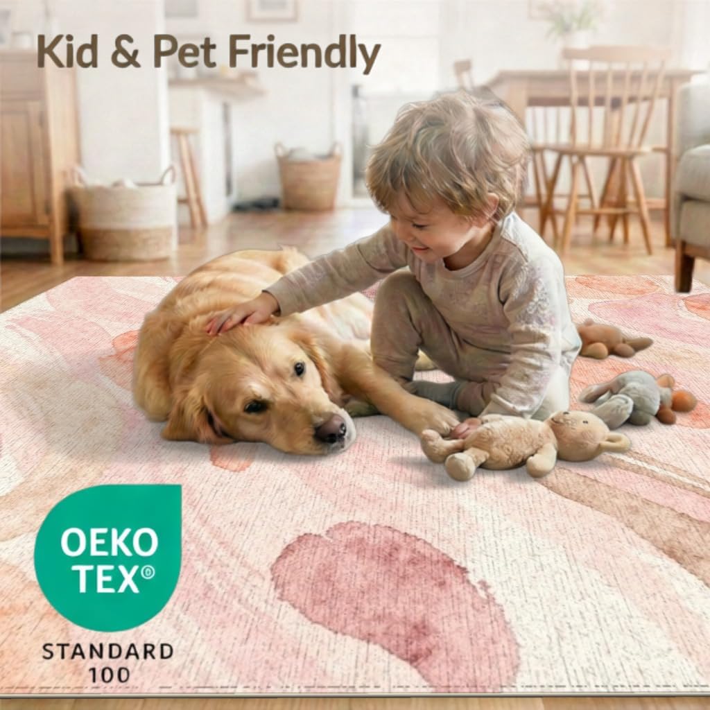 5'x7' Washable Abstract Abstract Area Rug, Blush Pink Non-Shedding Pet Friendly Carpet for Small Living Room, Playroom, Bedroom, Easy Care Kids Safe Mat | Ref:2109806