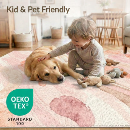 5'x7' Washable Abstract Abstract Area Rug, Blush Pink Non-Shedding Pet Friendly Carpet for Small Living Room, Playroom, Bedroom, Easy Care Kids Safe Mat | Ref:2109806
