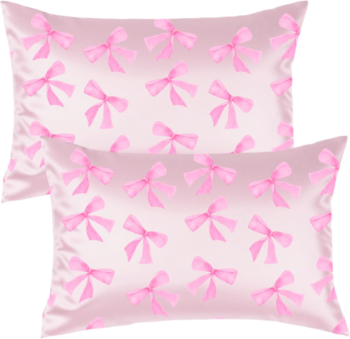 Pink Bow Satin Pillowcase for Hair & Skin Care, Standard Size Set of 2 - Luxurious Satin Pillow Cover with Envelope Closure(20x26 Inches)