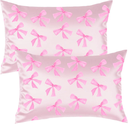 Pink Bow Satin Pillowcase for Hair & Skin Care, Standard Size Set of 2 - Luxurious Satin Pillow Cover with Envelope Closure(20x26 Inches)