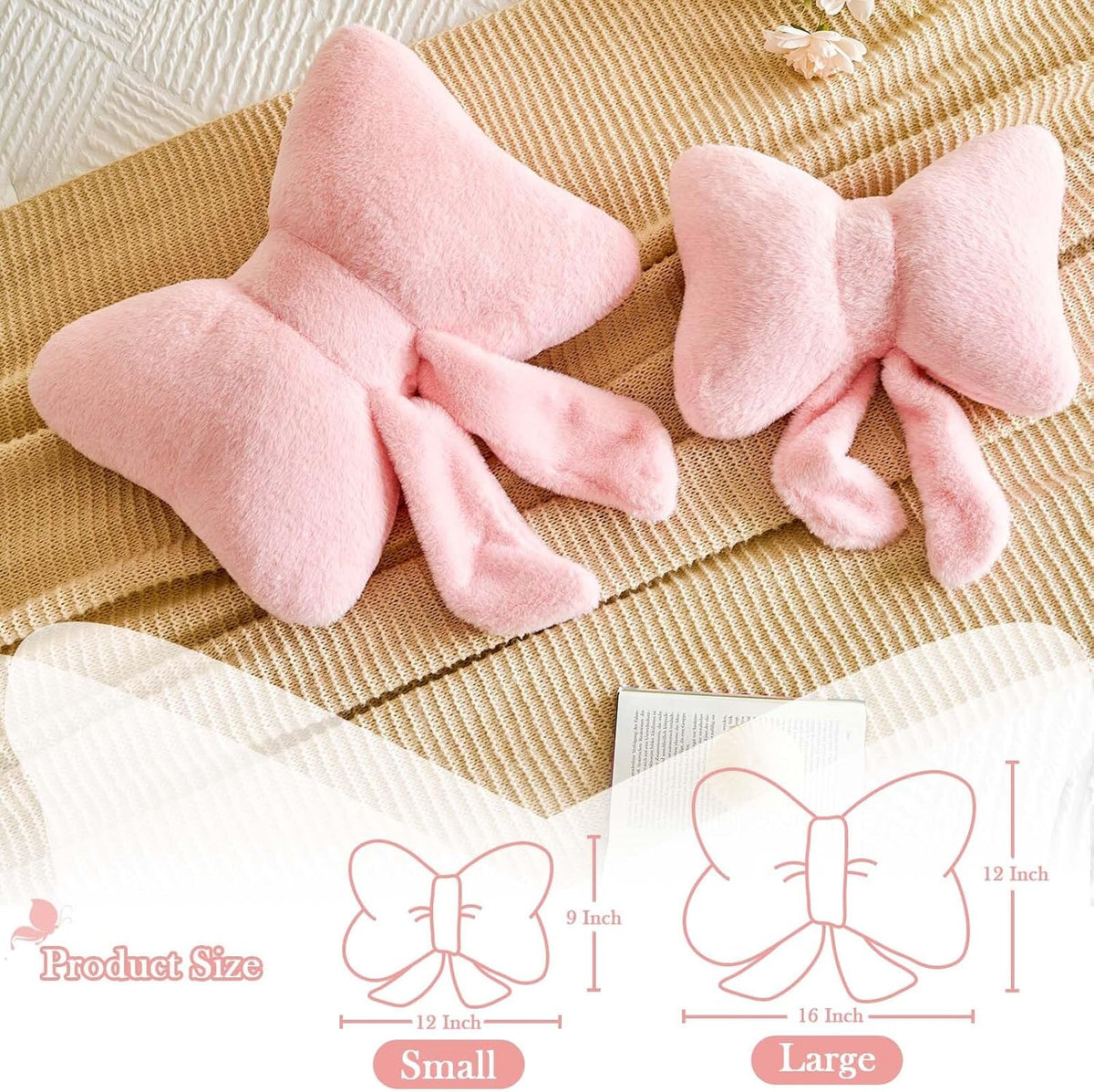 Bowknot Pillow Pink Cute Bow Decorative Throw Pillows 12" Aesthetic Home Decor Bow Cushions Butterfly Knot Plush Pillow for Bedroom Couch
