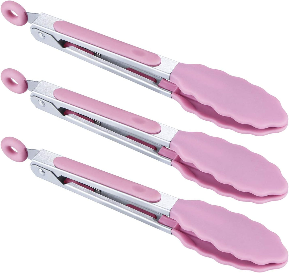 Kitchen Food Tongs - 7" Mini Silicone Serving Tongs - Set of 3 (Pink)