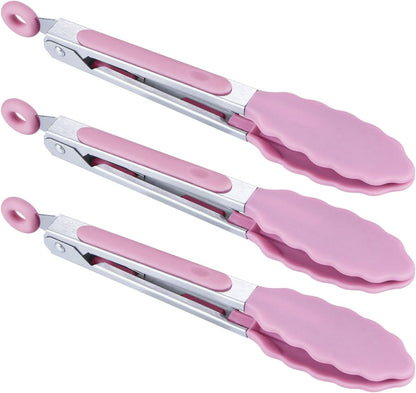Kitchen Food Tongs - 7" Mini Silicone Serving Tongs - Set of 3 (Pink)