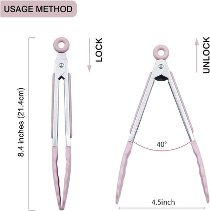Kitchen Food Tongs - 7" Mini Silicone Serving Tongs - Set of 3 (Pink)