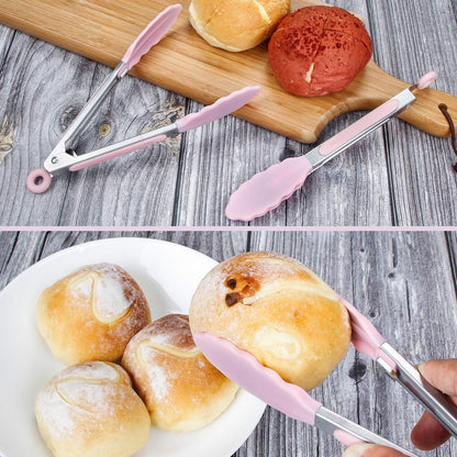 Kitchen Food Tongs - 7" Mini Silicone Serving Tongs - Set of 3 (Pink)