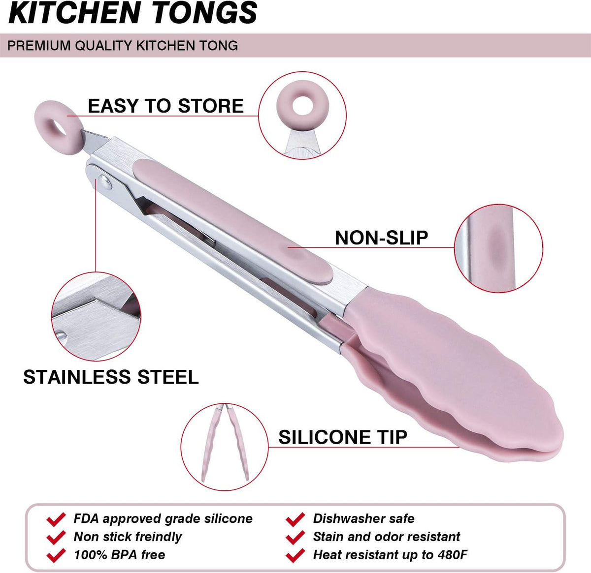 Kitchen Food Tongs - 7" Mini Silicone Serving Tongs - Set of 3 (Pink)