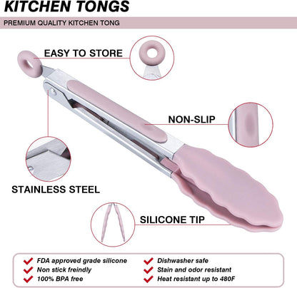 Kitchen Food Tongs - 7" Mini Silicone Serving Tongs - Set of 3 (Pink)