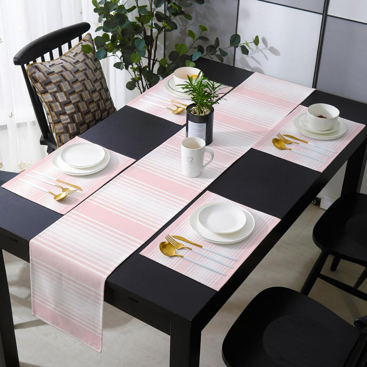 Pink Striped Table Runner and Placemats for Dining Table, Burlap Coffee Table Runner 70 Inch Long Pink Ombre Farmhouse Stripes Washable Table Mats for Kitchen Party Farmhouse Placemats Set of 6