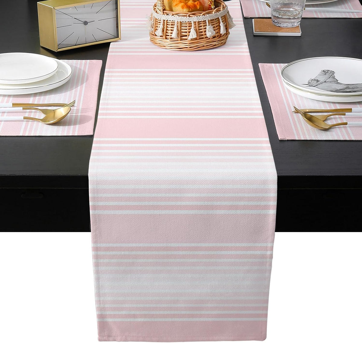 Pink Striped Table Runner and Placemats for Dining Table, Burlap Coffee Table Runner 70 Inch Long Pink Ombre Farmhouse Stripes Washable Table Mats for Kitchen Party Farmhouse Placemats Set of 6